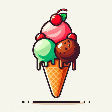 Colorful ice cream in a waffle cone. Vector illustration.