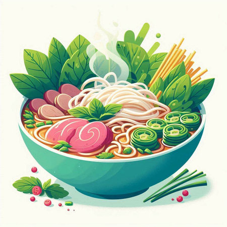 Bowl of noodle soup with herbs and vegetables. Vector illustration.のイラスト素材