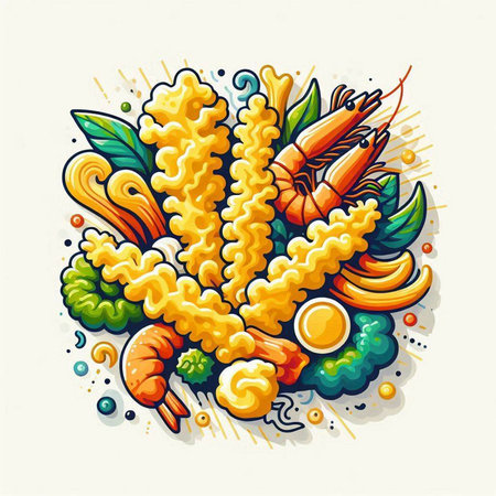 Noodles with shrimps and vegetables. Vector illustration.のイラスト素材