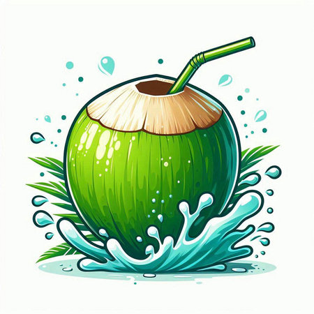 Coconut with a straw and splashes of water. Vector illustration.