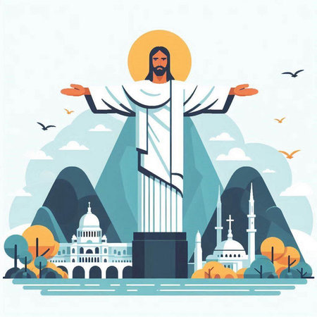 Jesus Christ in the city. Vector illustration in flat design style.のイラスト素材