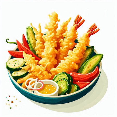 Illustration of a bowl of deep fried prawns with vegetablesのイラスト素材