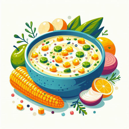 Illustration of a bowl of vegetable soup with carrots, peas, corn, cucumbers, tomatoes and onions.のイラスト素材