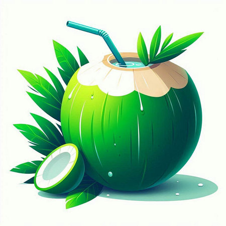 Coconut cocktail with straw and green leaves. Vector illustration.