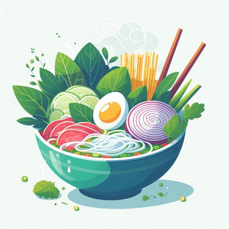 Bowl of rice noodle soup with chopsticks and vegetables. Vector illustration.