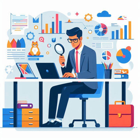 Businessman sitting at the desk and working on laptop. Vector illustrationのイラスト素材