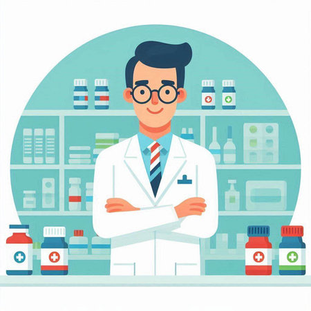Male pharmacist standing in front of shelves with medicines. Vector illustration in flat styleのイラスト素材