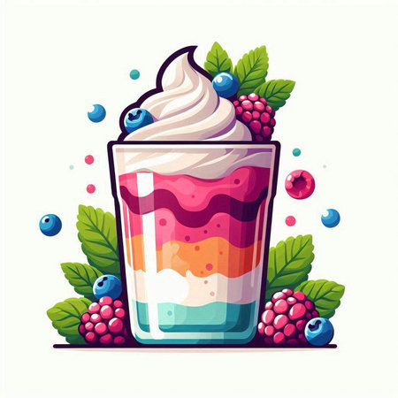 Delicious milkshake with whipped cream and berries. Vector illustrationのイラスト素材