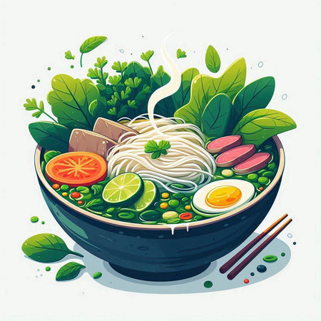 Noodle soup in a bowl with herbs and vegetables. Vector illustration.のイラスト素材