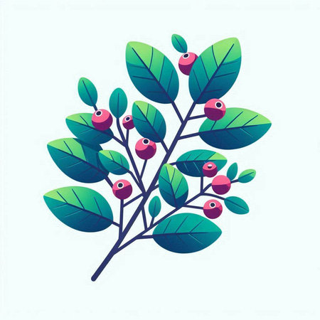 Vector illustration of a branch with berries and leaves. Flat style.のイラスト素材