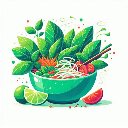 Vector illustration of a bowl of noodle with fresh vegetables and herbs.