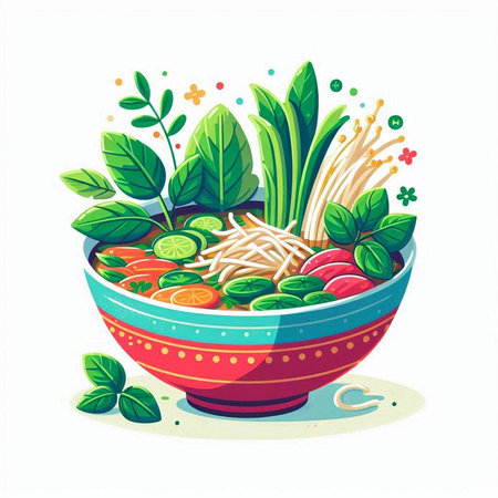 Bowl of noodle with vegetables and herbs. Vector illustration.