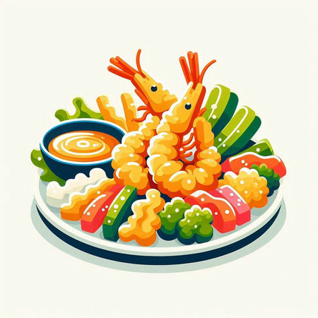 Illustration of shrimp on a plate with sauce, sushi and rollsのイラスト素材