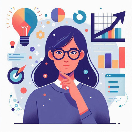Young woman thinking. Business concept. Vector illustration in flat style.のイラスト素材