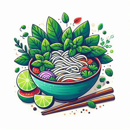 Illustration of Asian noodles in bowl with chopsticks and green leaves