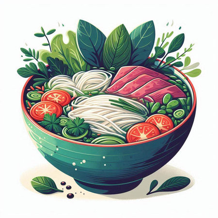 Bowl of noodle soup with meat and vegetables. Vector illustration.のイラスト素材