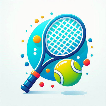 Tennis racket and ball on a blue background. Vector illustration.のイラスト素材