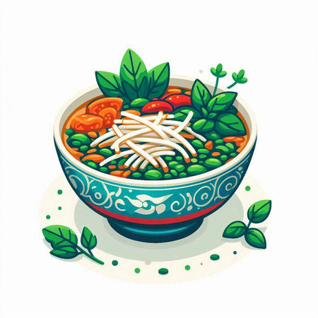 Illustration of a bowl of green lentil soup with noodles and vegetablesのイラスト素材