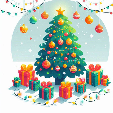 Christmas tree with gifts and garland on white background. Vector illustration.のイラスト素材