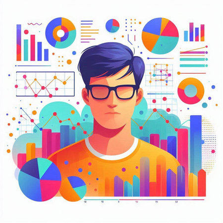 Young man with glasses and colorful charts in the background. Vector illustration.のイラスト素材
