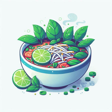 Illustration of a bowl of spicy Thai noodle soup with lime and basil leavesのイラスト素材