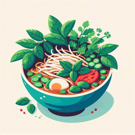 Bowl of noodle soup with herbs and egg. Vector illustration.