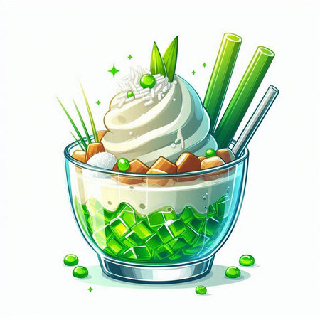 Illustration of a glass cup with ice cream and fresh green leavesのイラスト素材