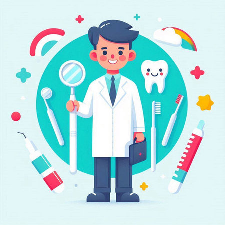 Dentist man with tools. Vector illustration in cartoon style.のイラスト素材