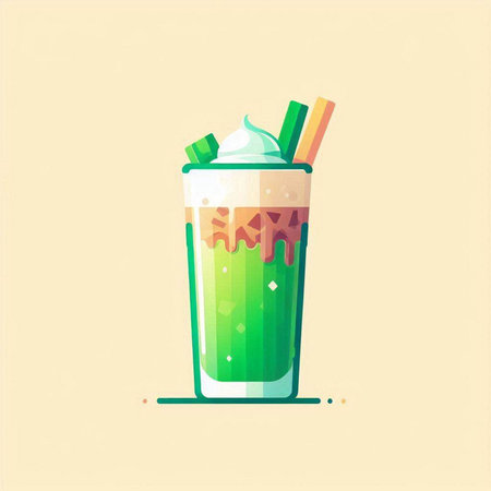 Iced green tea with whipped cream and straws. Vector illustration.のイラスト素材