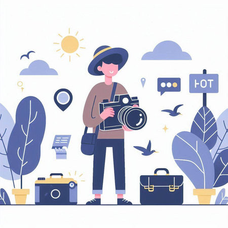 Photographer with camera in hand. Vector illustration in flat style.のイラスト素材