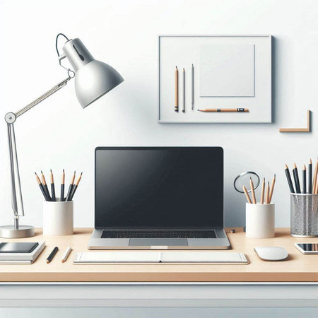 Close up of modern workplace with blank screen laptop, stationery and other objects. Mock up, 3D...