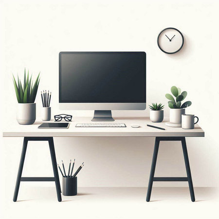 Modern workspace with computer, coffee cup, plant and clock on white wall backgroundのイラスト素材