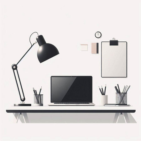 Workplace with laptop, lamp, stationery and other items on white backgroundのイラスト素材