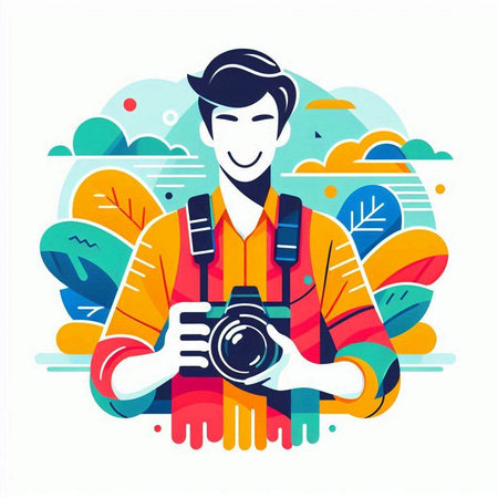 Photographer with camera in hand. Vector illustration in flat style.のイラスト素材