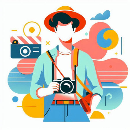 Photographer with camera in hand. Vector illustration in flat style.のイラスト素材