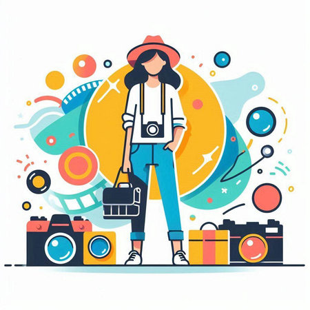 Photographer flat vector illustration. Cartoon photographer woman with camera, hat and bag isolated on white background.のイラスト素材
