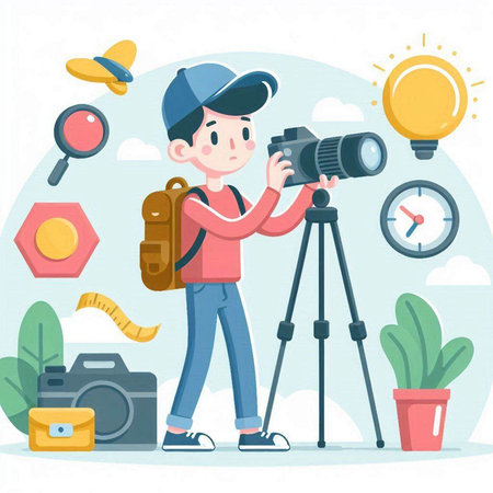 Photographer man with camera and tripod in flat style. Vector illustrationのイラスト素材