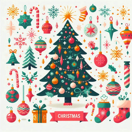 Christmas and New Year background with Christmas tree, snowflakes, candy canes, gift boxes. Vector illustration.のイラスト素材