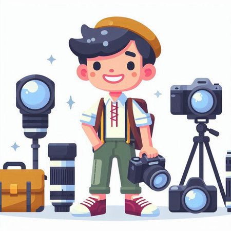 Photographer boy with camera and equipment. Vector illustration in cartoon styleのイラスト素材