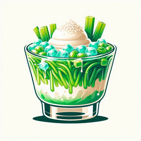 Illustration of a glass bowl with ice cream and green grass.のイラスト素材