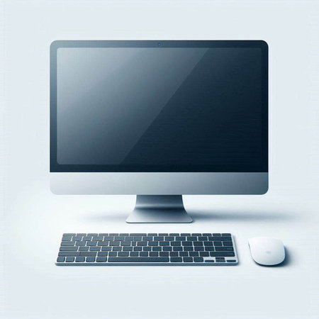 Computer monitor with keyboard and mouse on white background. Vector illustration.