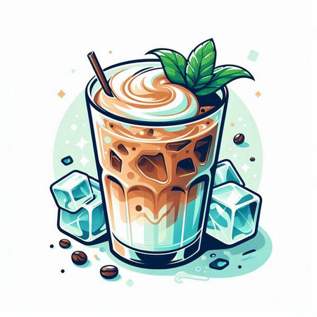 Iced coffee with ice cubes and mint leaves. Vector illustration.のイラスト素材
