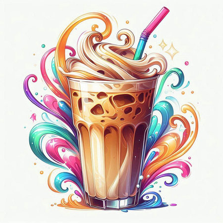 Iced coffee with milk in glass and colorful splash. Vector illustration.のイラスト素材