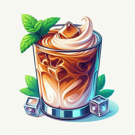 Iced coffee with whipped cream in a glass. Vector illustration.のイラスト素材