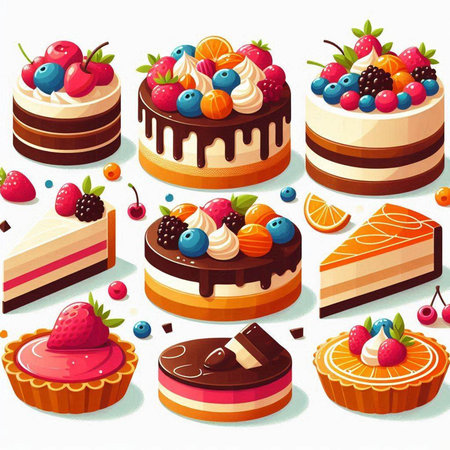 Set of different sweet cakes with berries and fruits. Vector illustration.