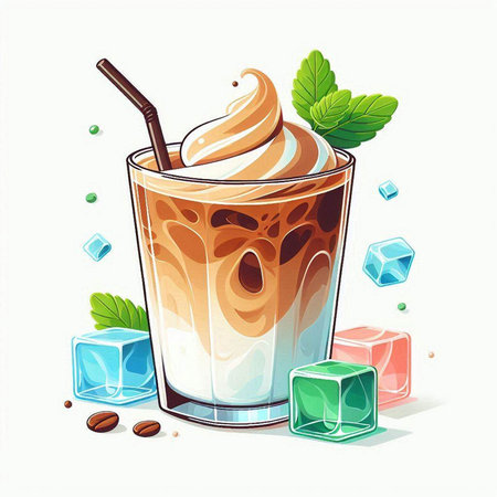 Iced coffee with ice cubes and mint leaves. Vector illustration.のイラスト素材