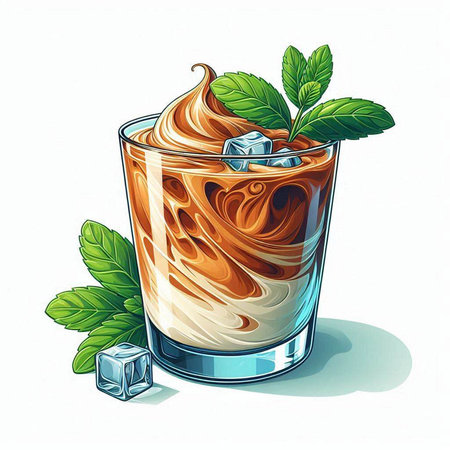 Illustration of a glass of coffee with ice cubes and mint leavesのイラスト素材