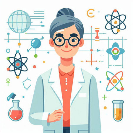 Scientist woman in lab coat and glasses standing with flask and atom. Vector illustration.のイラスト素材