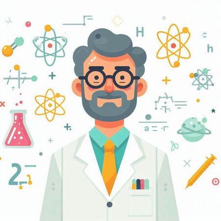 Scientist man in white coat and glasses. Vector flat illustration.