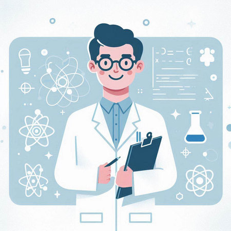 Scientist in white coat and glasses. Vector illustration in flat styleのイラスト素材
